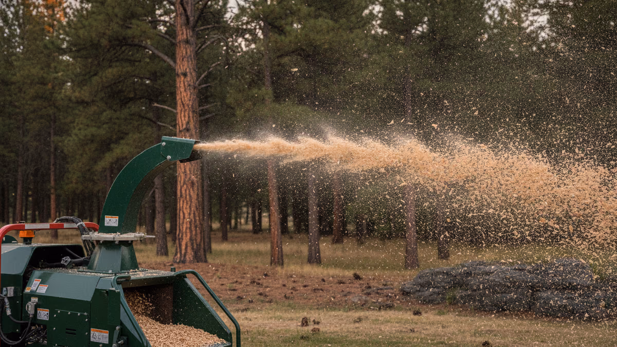 Wood chipper chute detail with fresh chip spray frozen mid-air against a green canopy backdrop