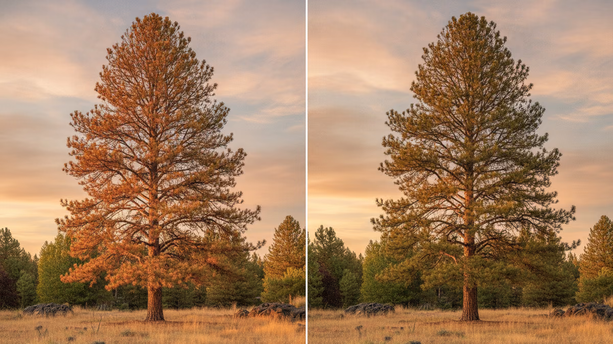 Pine with fading rust-red needles standing beside a healthy deep-green ponderosa in soft morning light