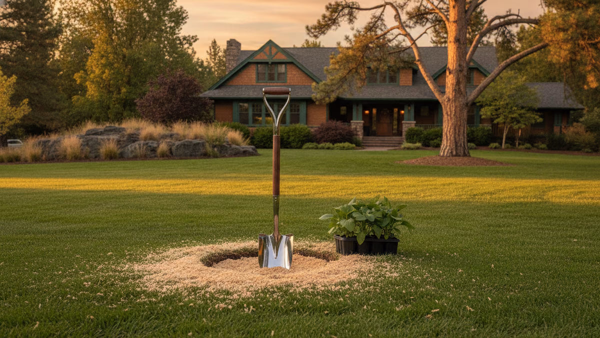 Garden spade standing in a neat hollow of fresh stump grindings in a lawn, planting-ready