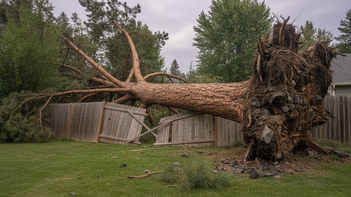 Mature ponderosa pine uprooted by a windstorm lying across a wooden backyard fence, limbs and debris scattered on both sides of the property line