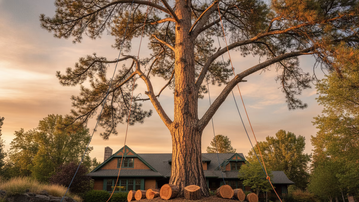 Rigging ropes set high in a towering ponderosa pine above the roofline of an early-1900s Spokane craftsman home