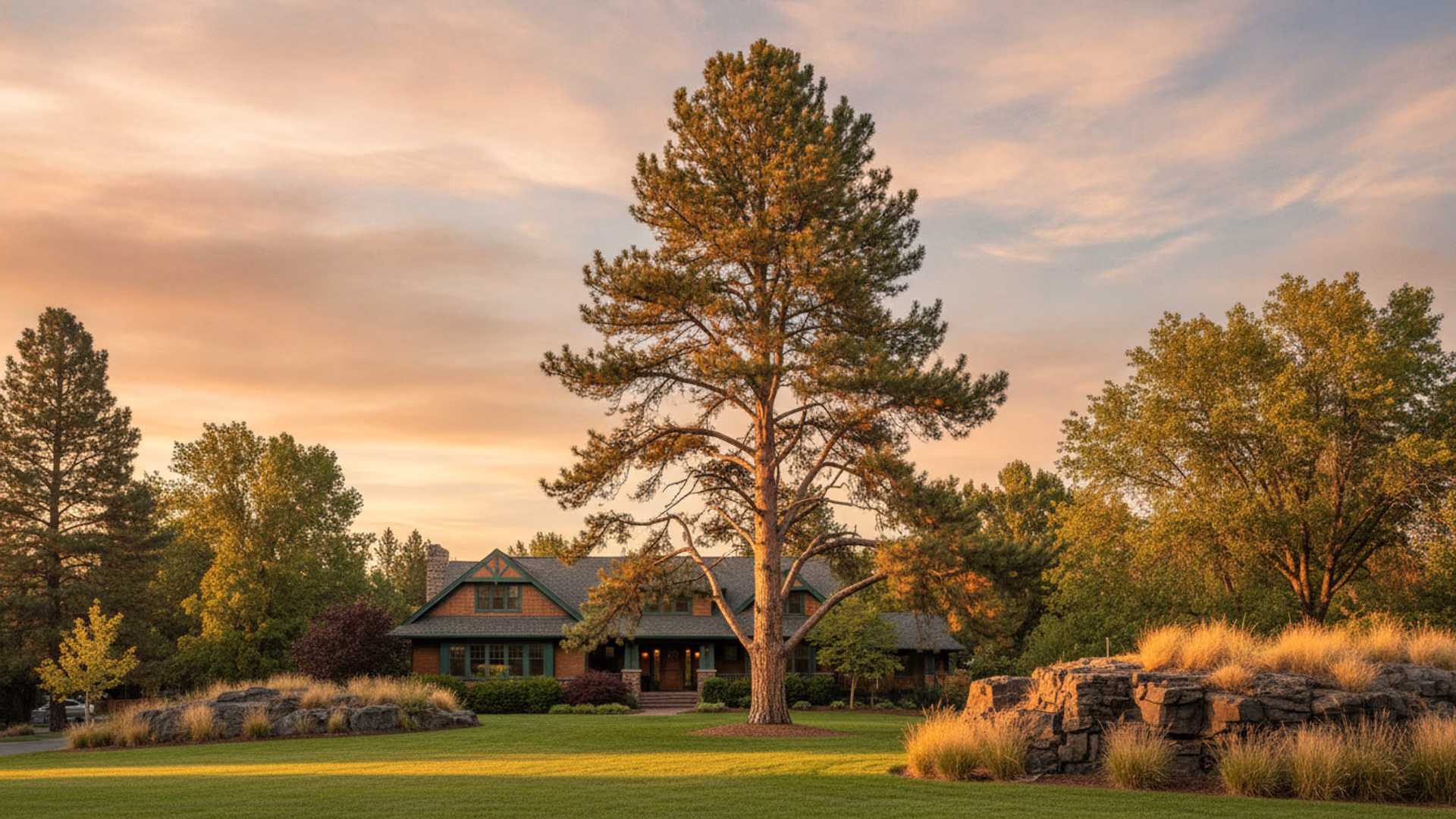 Towering mature ponderosa pine with a clean, well-maintained canopy over a tidy Spokane home and healthy lawn in warm morning light