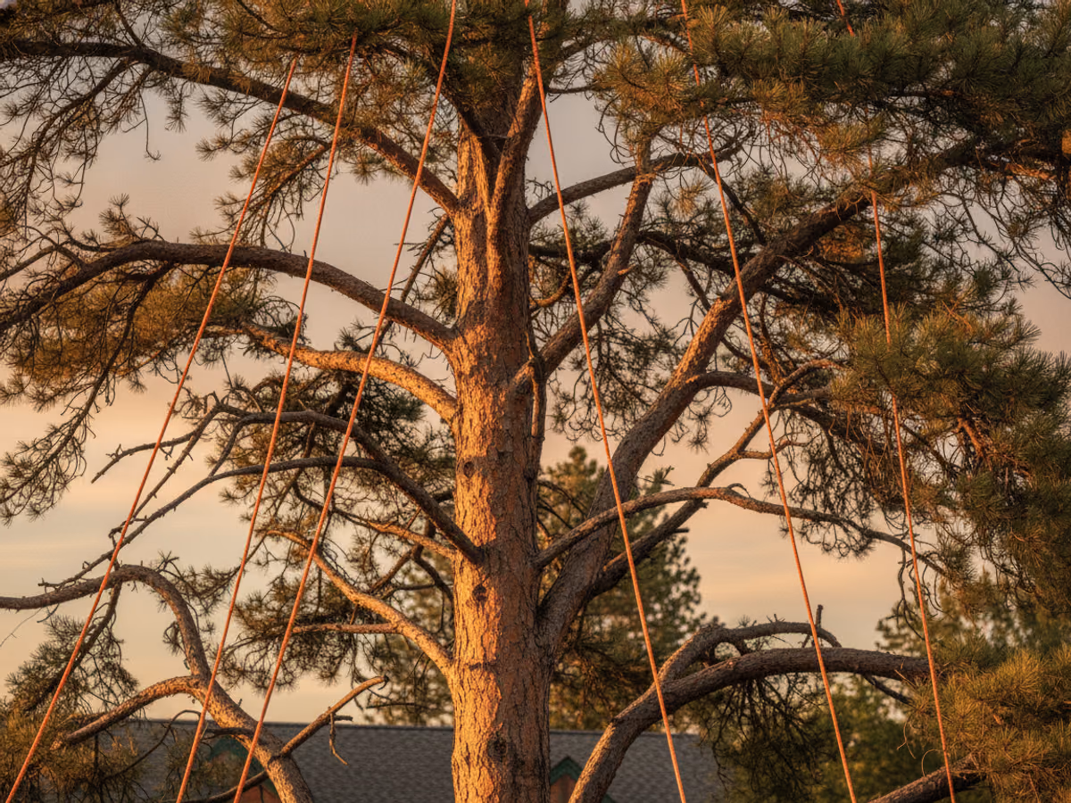 Orange rigging lines threaded through a pine canopy, taut against the trunk and ready for controlled lowering