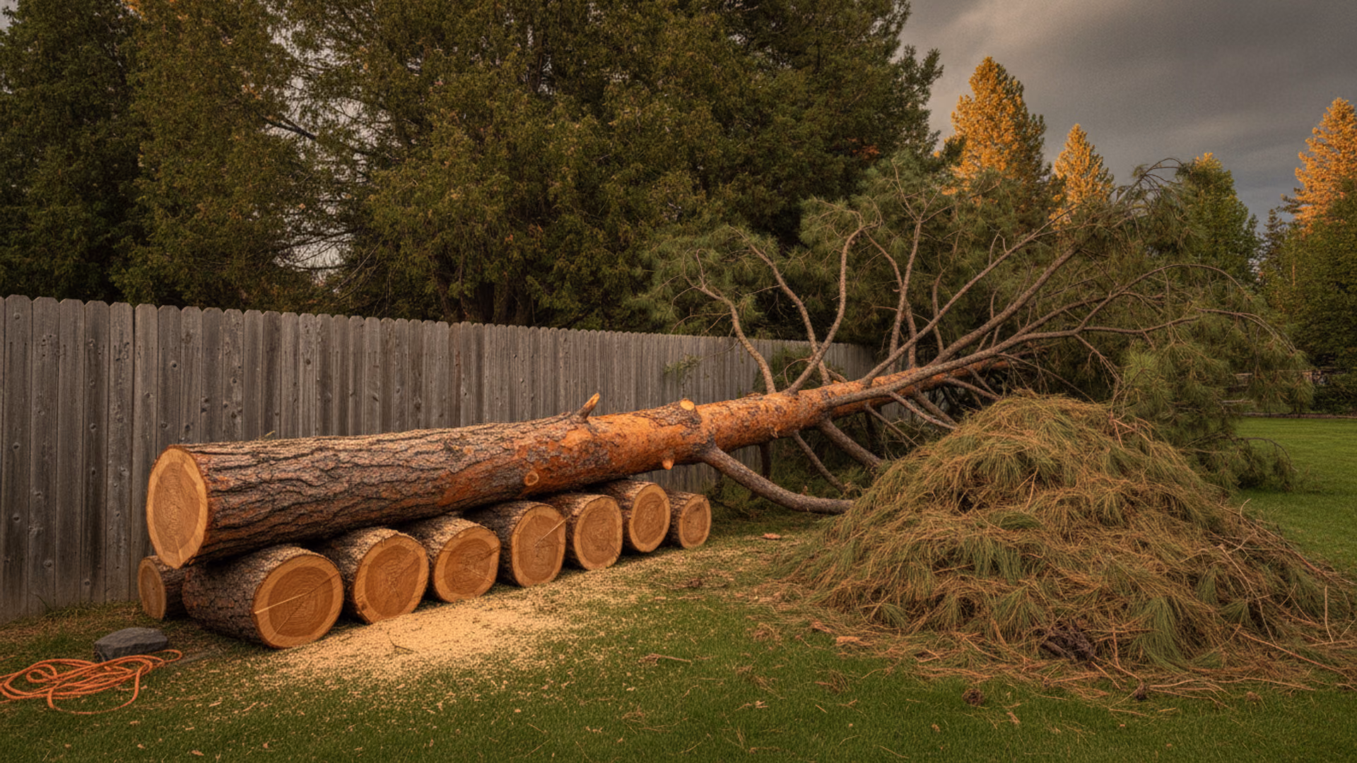 Storm aftermath made orderly — a large fallen pine limb bucked into clean rounds stacked beside an unharmed fence as grey sky clears to sun