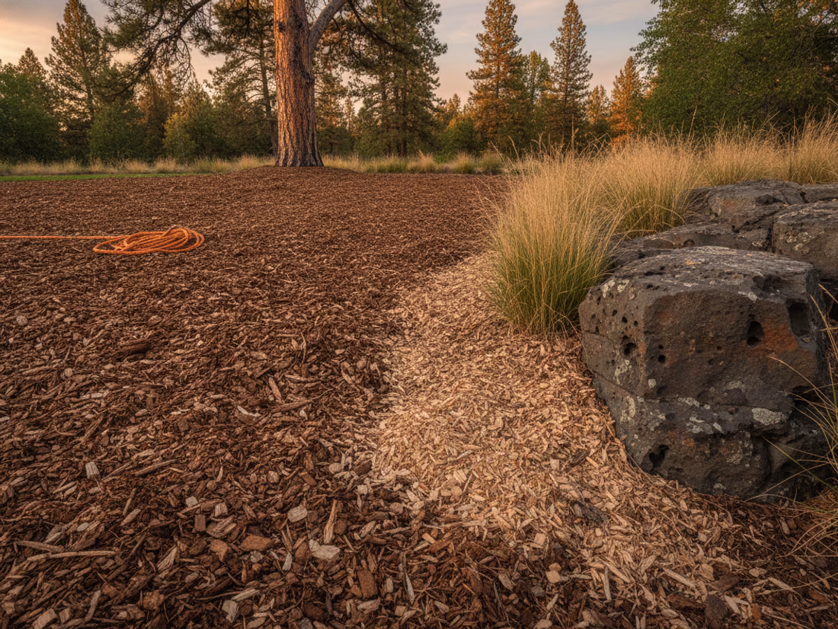 Fresh mulch carpet meeting native bunchgrass and a weathered basalt outcrop at the edge of a cleared lot