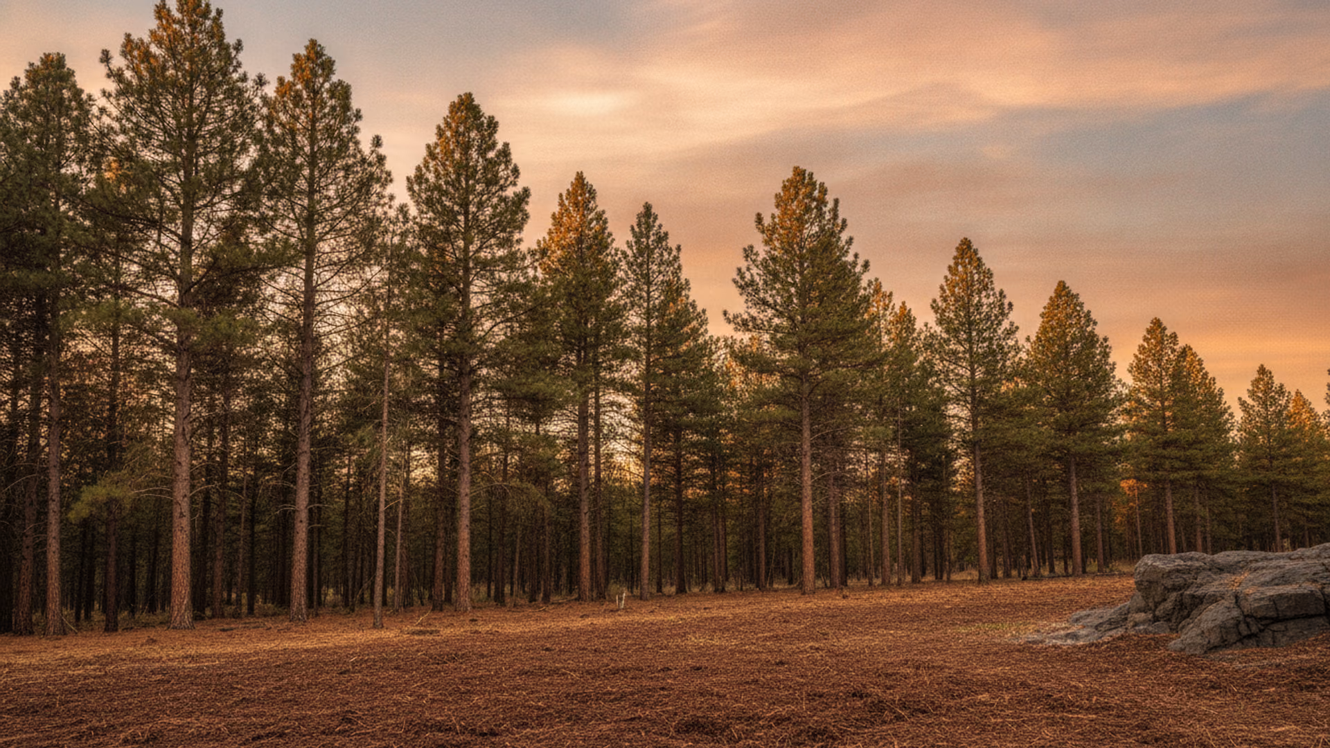 Cleanly cleared building lot with mulched ground meeting a preserved ponderosa tree line under a big eastern-Washington sky