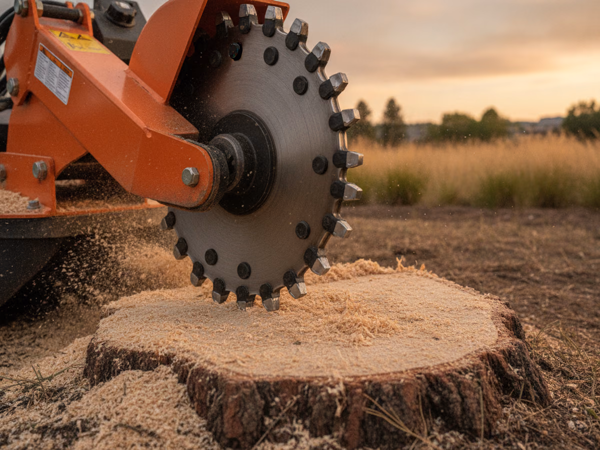 Carbide cutter wheel of a stump grinder resting beside a partially ground pine stump