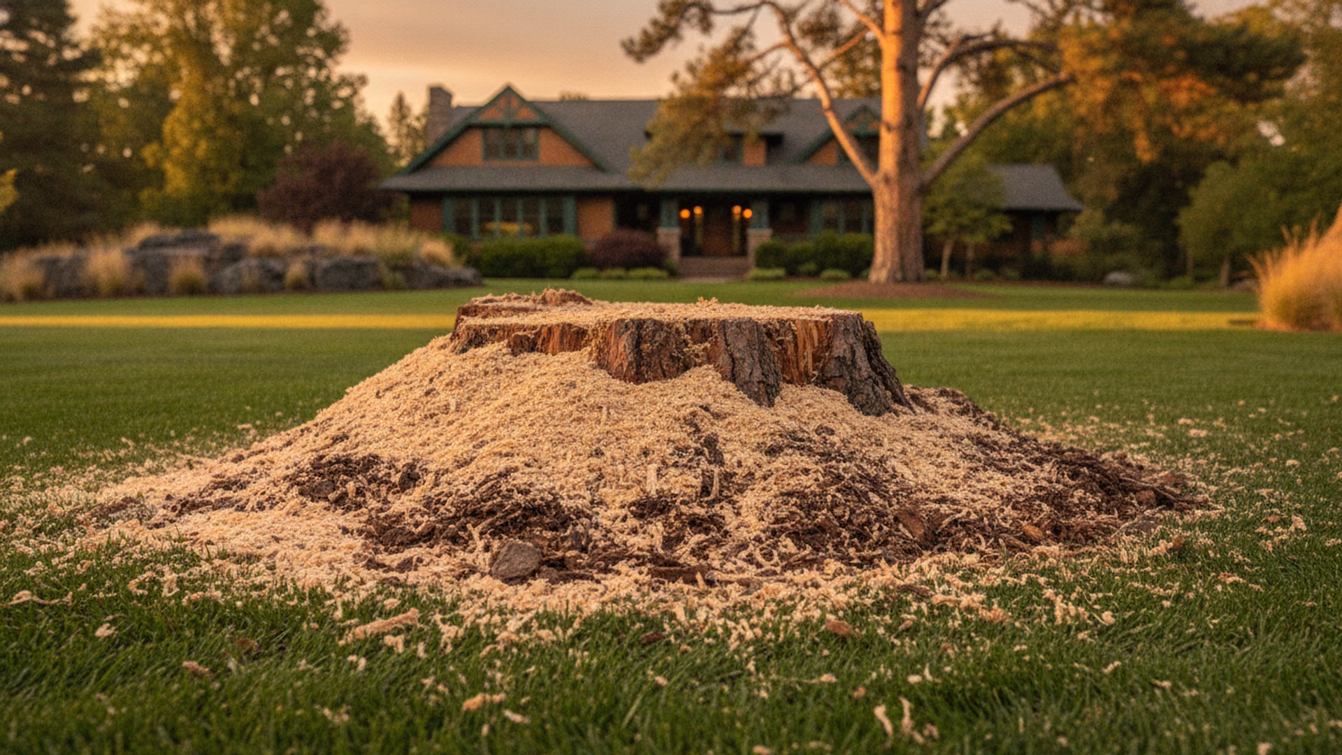 Fresh mound of pale stump grindings filling a neat below-grade hollow in a green Spokane lawn