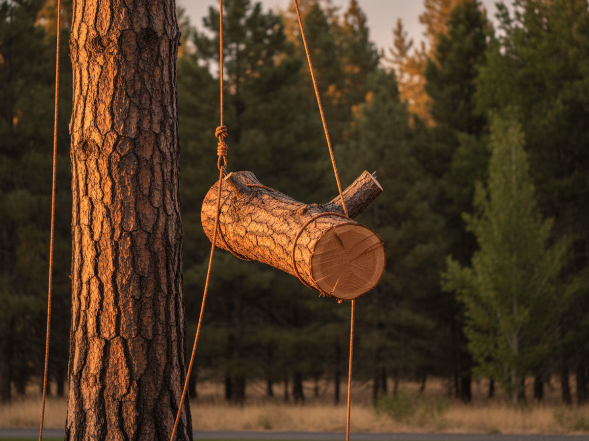 Large pine limb section suspended on rigging lines mid-lower against the trunk, ropes taut and controlled