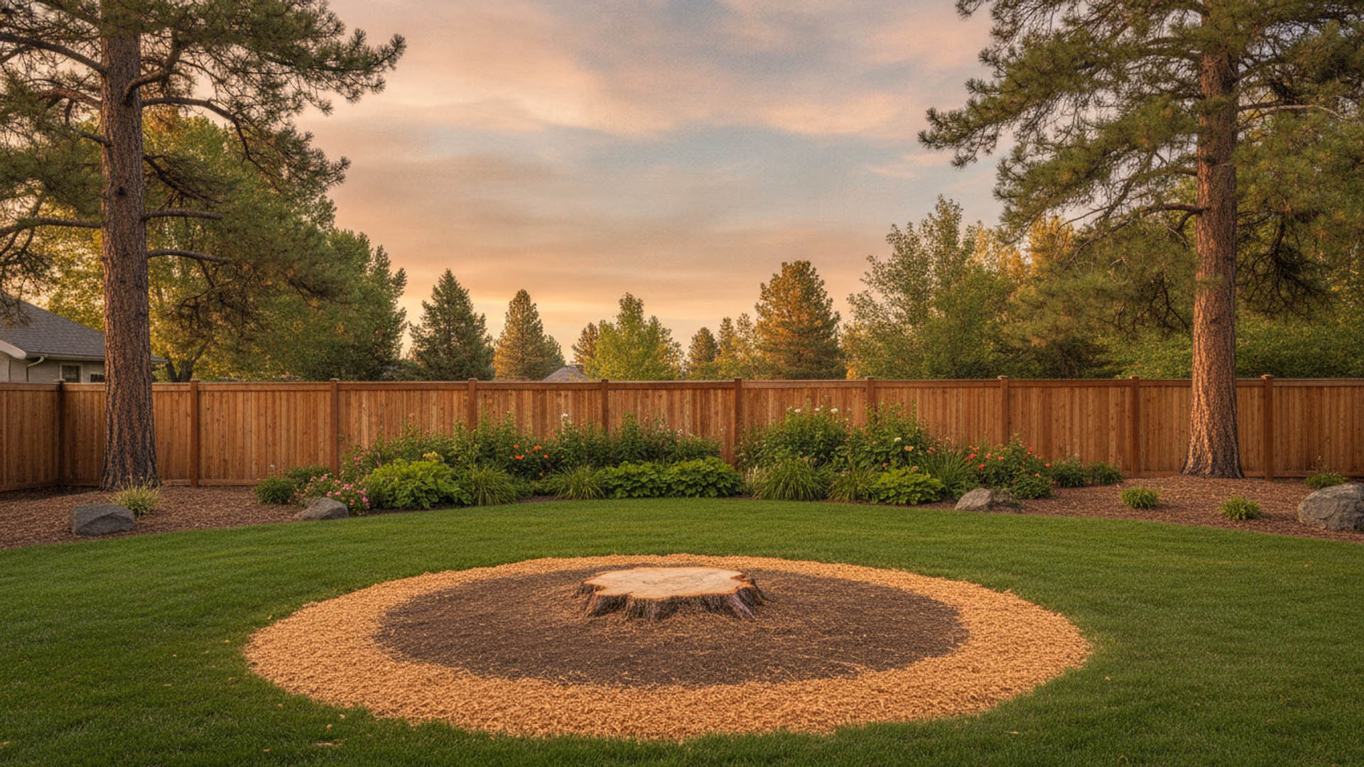 Sunlit clearing where a large pine once stood — fresh ground-flush stump ringed by raked earth and wood chips, garden and fence intact around it