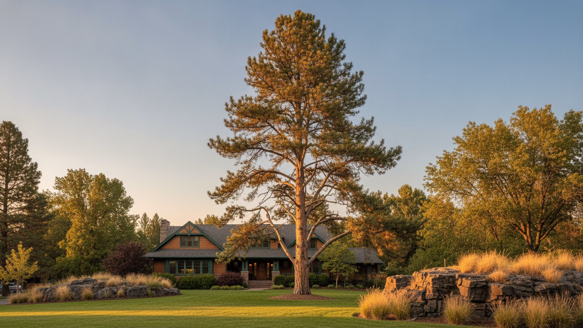 Mature ponderosa pine with a freshly pruned, balanced crown against a clear blue eastern-Washington sky